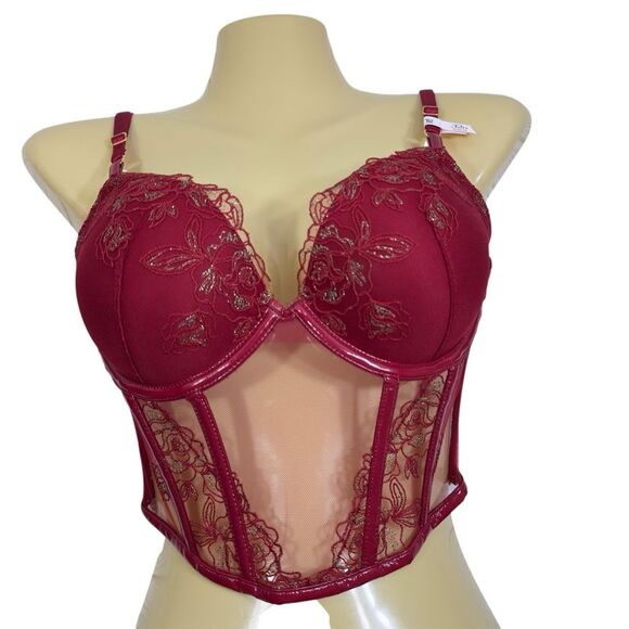 NWT VS VERY SEXY PUSH‎ UP PLUNGE VYNIL & LACE LONGLINE CORSET TOP BRA 32D - Picture 1 of 7